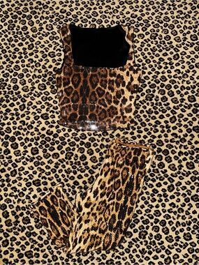 SHEIN Leopard Sequin Tank Top and Pants Set - Black and Brown
